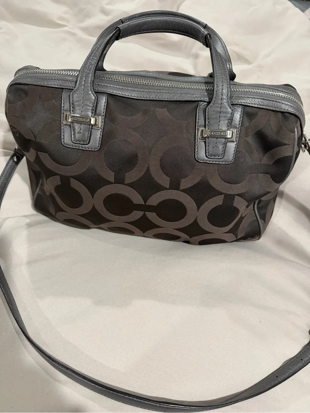 Coach Dark Brown Logo Satchel with Gray Trim